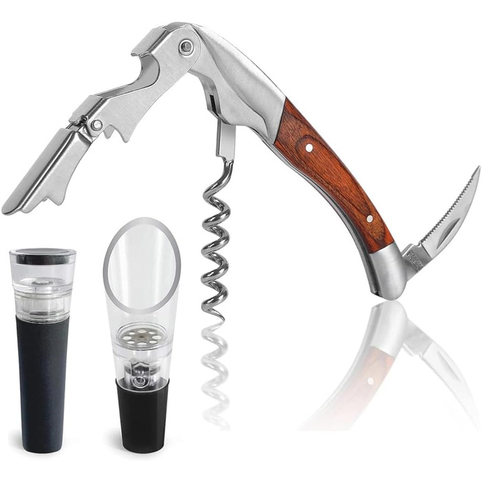 Sommelier knife, wine opener, professional corkscrew made of stainless steel, bottle opener with foil cutter, wine aerator pourer and vacuum stopper, wine accessories. (Sommelier knife)