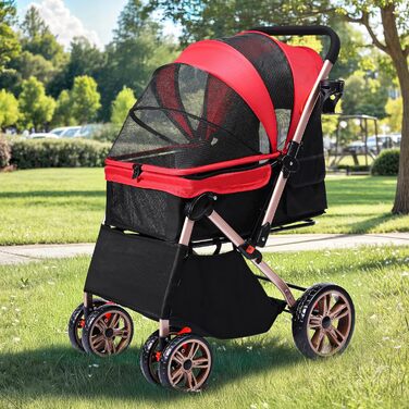 Візок для собак DWVO 3-в-1: візок, переноска, сумка. До 22 кг, EVA-колеса, відкидний кошик, сітчасті вікна, 58.5x76x105 см. Червоний колір