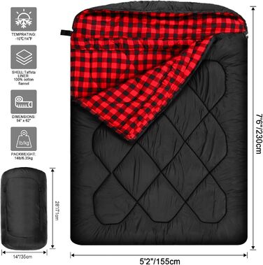 Спальний мішок Mcota Winter 0°C, Queen-Size, для 2 осіб, з бавовняним фланнелевим підкладкою, теплий та водонепроникний, для кемпінгу, риболовлі та полювання в холодну погоду, червоний