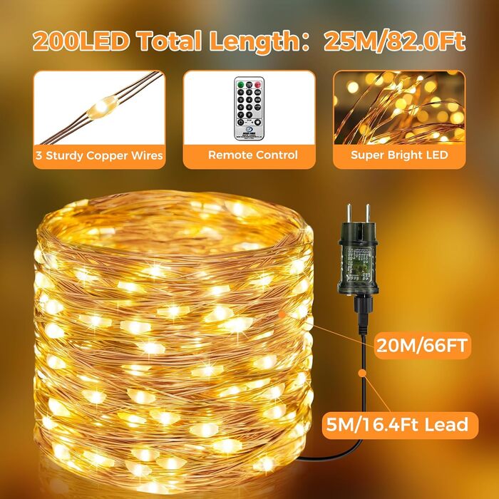 Льокогірлянда BTfarm 20M з 200 LED, тепле біле світло, з пультом, для дому та саду, 8 режимів, вологостійка, з таймером, для декору на Різдво, вечірку, весілля