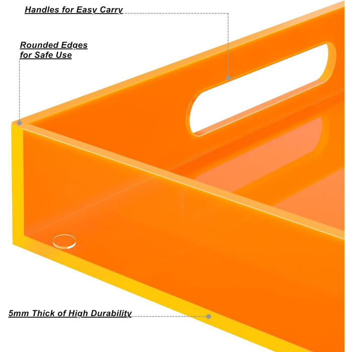 Large acrylic tray with handles, 43.2 x 33 cm, decorative serving platter for food, tea, dinner, snacks, meals, bar, party, neon orange