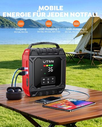 Пусковий пристрій UTRAI 7000A з компресором 160 PSI та Powerbank для авто (бензин, дизель до 12л), магнітний ліхтар 1000 Лм, 18 Вт, червоний