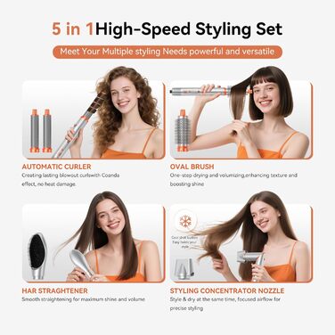 Air Styler Hair Stylers Airbrush 5-в-1: мультистайлер, фен-щітка, 800W, для об'єму, локонів, випрямлення та сушіння волосся (срібний)