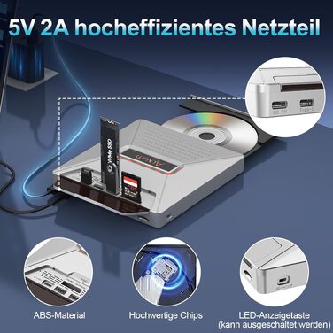 Зовнішній DVD-привід Alxum USB-C 3.0 з картридером SD/TF та додатковим USB-портом для ноутбука, DVD/CD запис та читання, Plug & Play, сірий