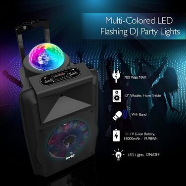 Pyle Partybox: Портативна Bluetooth-колонка з мікрофоном, 700W, LED, USB, SD, FM, BT, AUX, з ручкою та колесами