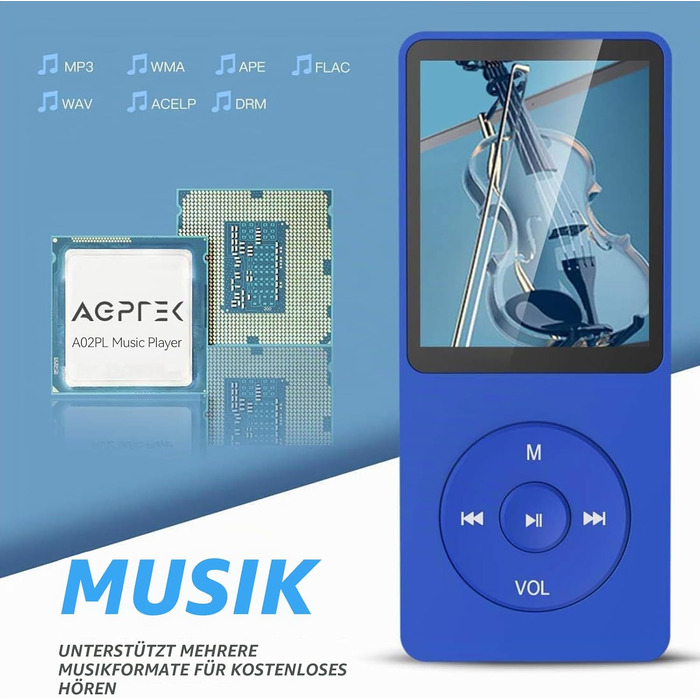 MP3 плеєр AGPTEK 64GB Hi-Fi музичний плеєр з часом роботи до 70 годин, підтримка карт пам'яті до 128ГБ, легкий портативний плеєр для дітей та дорослих, синій