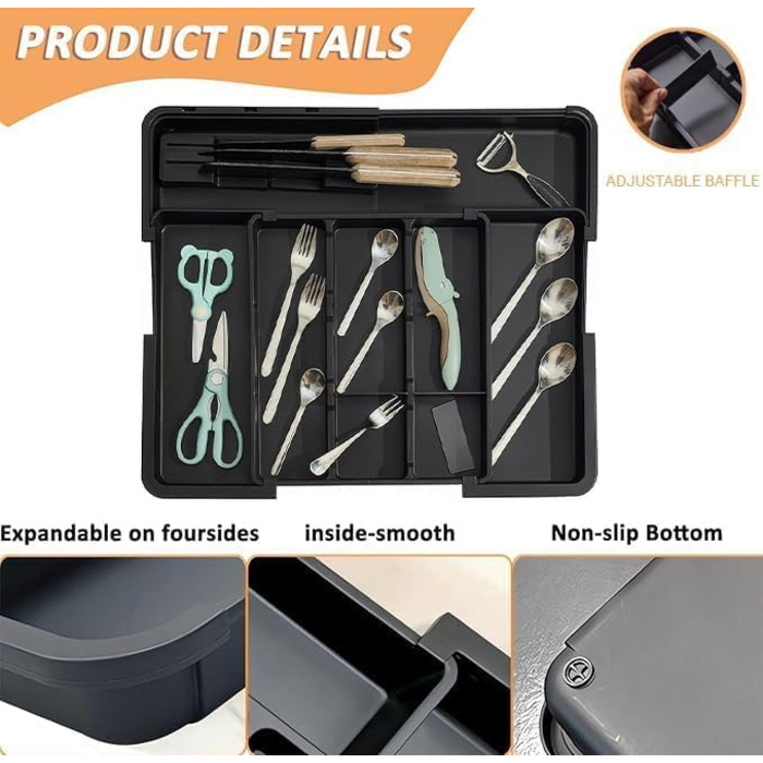 Органайзер для столових приборів ZHUlYIWIN в шухляду, розсувний, з тримачами для ножів (сірий)