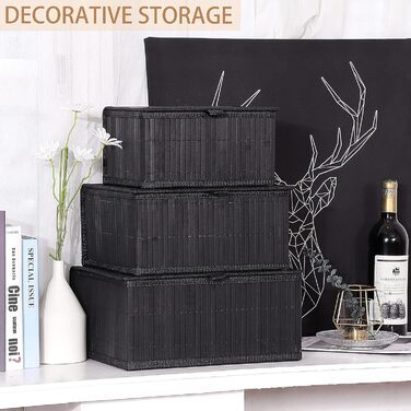 Honeycomb Storage Basket with Lid, Woven - Bamboo Decor Storage Boxes, Set of 3 Rattan Basket with Lid Woven Fabric Insert for Bathroom Kitchen Shelf Organization (Large/Medium/Small) (Black Box)