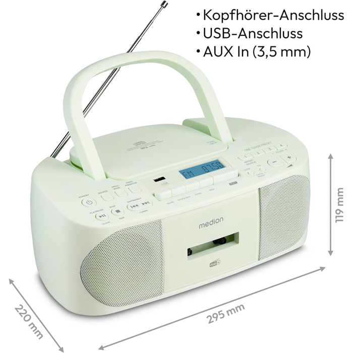 MEDION DRX-1 Plus Boombox: радіо DAB+, Bluetooth, CD-плеєр, MP3, касетний магнітофон, AUX, зелений