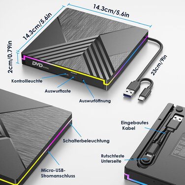 Зовнішній DVD-привід з RGB-підсвіткою, USB 3.0 та Type-C, CD/DVD+/-RW записувач та плеєр для PC, Laptop, MacBook (Windows, macOS, Linux)