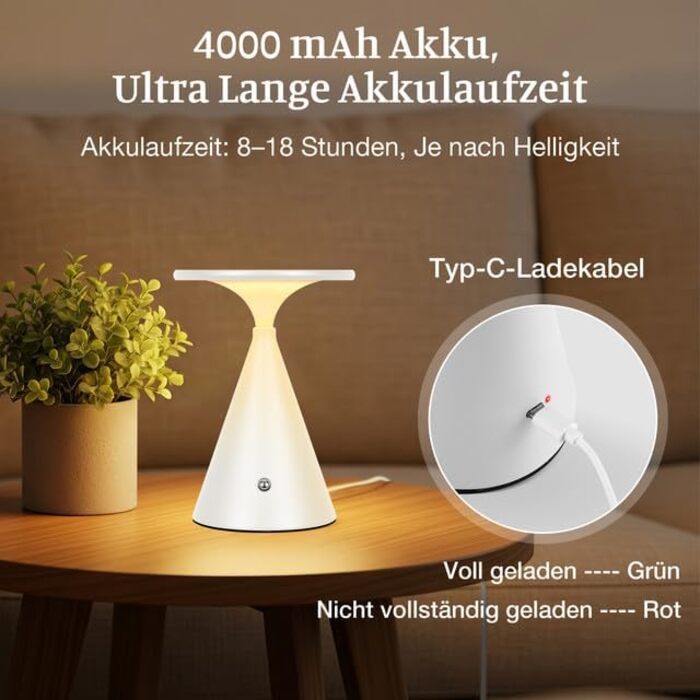 Настільна LED лампа акумуляторна бездротова 2 в 1 (індор/аудор) з димером, сенсорна, 3 кольори, біла (1 шт)