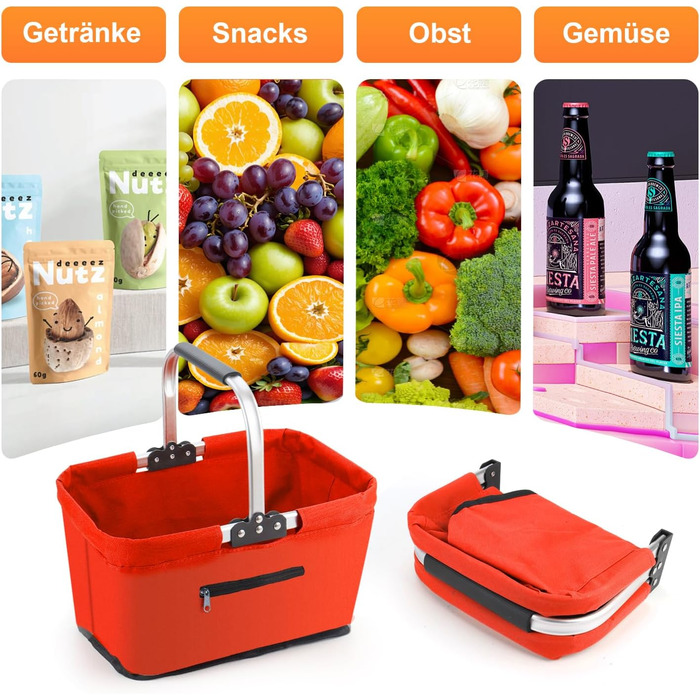 Складаний кошик для покупок 25L з м'якими ручками та кишенею на блискавці, червоний