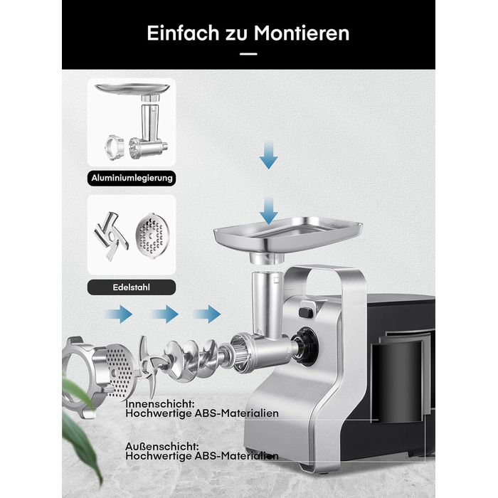 Electric Meat Grinder 5-in-1 - 700W Power, 2800W Max Blocking Capacity, Stainless Steel Grinding Plates (3, 5, 7mm), Sausage Maker, Kubbe Attachment, Black