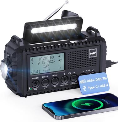 Радіоприймач DAB+/DAB/UKW з акумулятором 5000mAh, радіо для надзвичайних ситуацій з ліхтариком та світлодіодом для читання, портативне кемпінгове радіо з USB-зарядкою для мобільного телефону, FM, динамо, SOS-сигнал для походів, відпочинку на природі (Раді