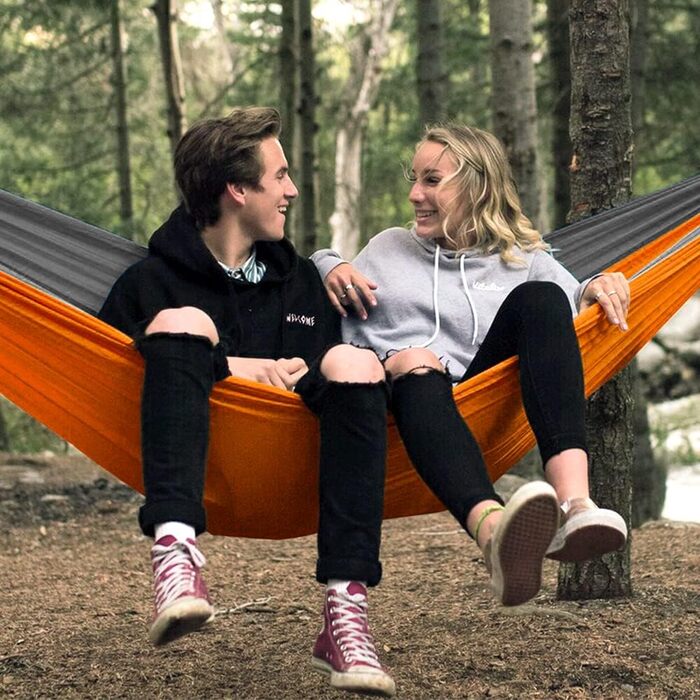 Гімніс Гамак для відпочинку на відкритому повітрі Ultraleicht, 275x140 см, з мотузками та карабінами, 300 кг, Оранжевий - Сірий