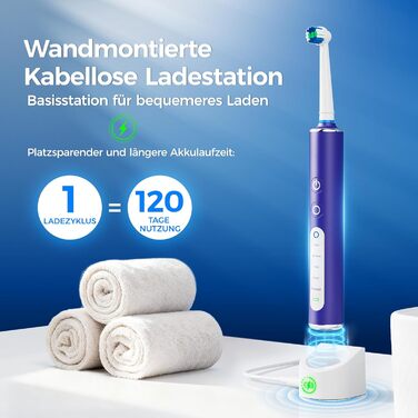 Електрична зубна щітка з круглою головкою Violett Lavendel - 50 000 рухів/хв, 8 насадок, 3 режими інтенсивності, 5 режимів чищення, 120 днів роботи від акумулятора, IPX7, доросла та дитяча, з кейсом для подорожей та тримачем