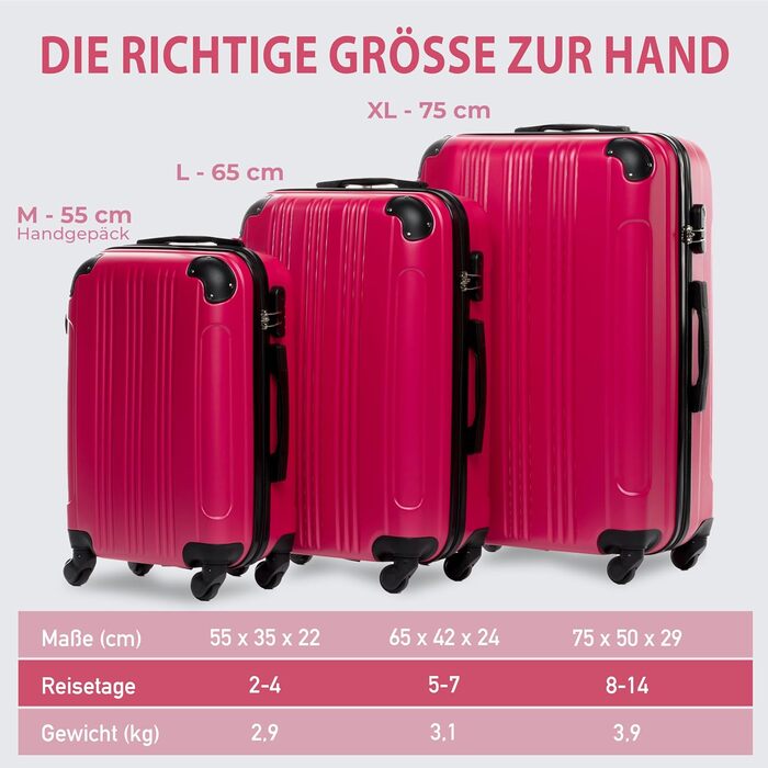 Набір валіз FERGÉ 3 шт. з жорстким корпусом QUÉBEC (Handgepäck, L, XL) - валіза-тролей, 4 колеса, 100% ABS (Неонові рожеві)