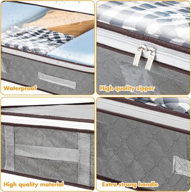 4 шт. Кошики для зберігання під ліжком з кришкою, великі складні коробки для зберігання з блискавкою, органайзери для одягу, постільної білизни та ковдр, посилені ручки (сірий)