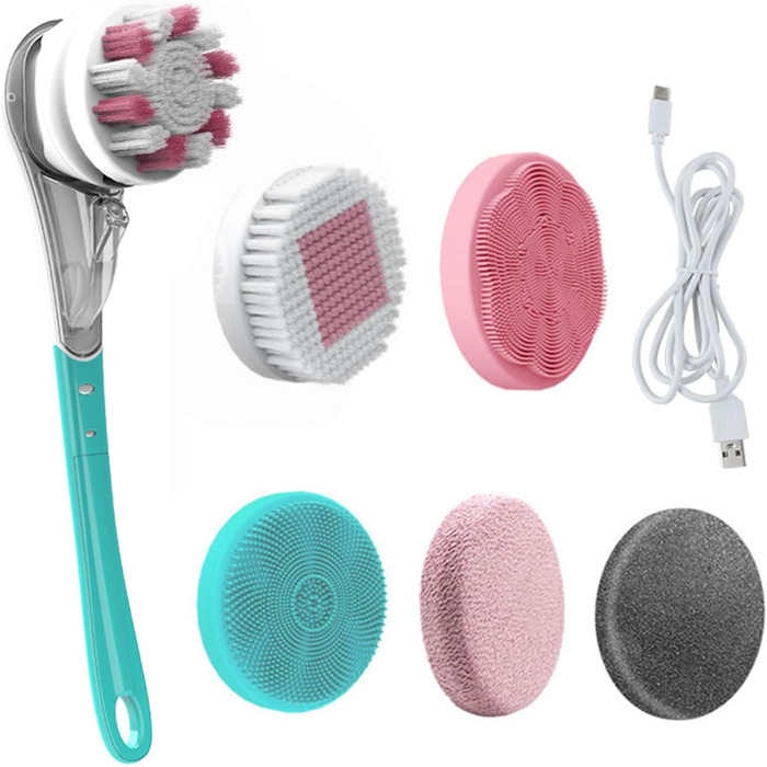 Електрична щітка для спини 6-в-1: для тіла, душу, педикюру. 6 насадок, довга ручка, масаж, пілінг (блакитна)