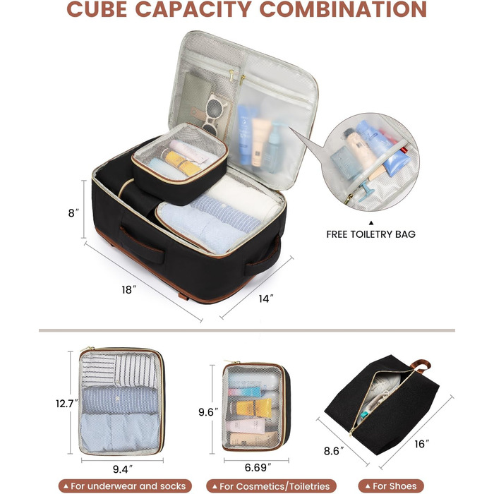 LOVEVOOK Рюкзак ручної поклажі 40L, жіночий водонепроникний рюкзак для подорожей з відділенням для взуття, рюкзак для ноутбука (17.3 дюйми) для школи, роботи, подорожей (чорний+каштанового кольору)