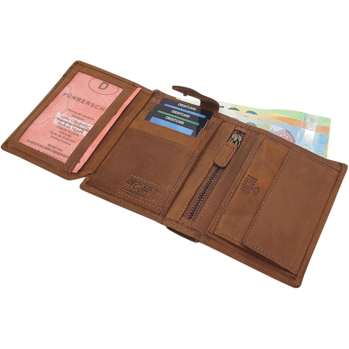 myledershop Genuine Buffalo Leather Wallet/Bifold/Cardholder/Money Clip in Portrait or Landscape Orientation with Wolf Motif and RFID & NFC Protection (Model 1 / Portrait/Cognac)