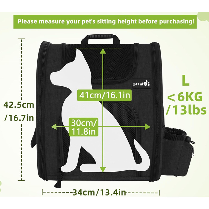 Pecute Pet Carrier Backpack with Mesh Window - Portable & Foldable Cat & Dog Carrier Bag - Breathable, Lightweight, Waterproof Oxford Cloth - Large Capacity, Non-Slip, Black, Classic Mesh (L)