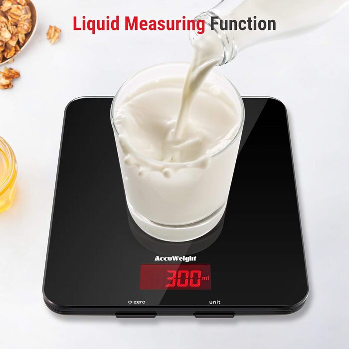 Кухонні ваги ACCUWEIGHT 5 кг з LCD-дисплеєм з міцного скла, функція тарування, ваги для листів, висока точність до 1 г, для випічки, приготування їжі, ювелірних виробів, батарейки в комплекті, автоматичне вимкнення, чорний