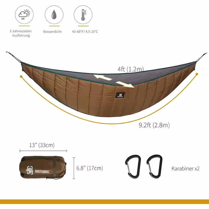 OneTigris Hideout Hammock Underquilt Sleeping Pad Underblanket for Hammocks Undercover Heat Protection Ultralight for Outdoor Hiking Camping 280x120cm (Coyote Brown)