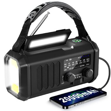 Радіостанція Leaton з ручним заводом, NOAA, AM/FM, 20000 mAh | Сонячна Power Bank, USB-C, ліхтарик, SOS-сигнал для кемпінгу та надзвичайних ситуацій (Чорний)