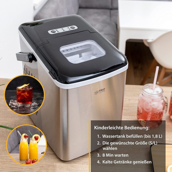 Льодогенератор First Austria 1.8л, 150W з компресором: 12 кг/24год, швидке виробництво (7-9 хв), кубики S/L, мобільний, сірий/чорний