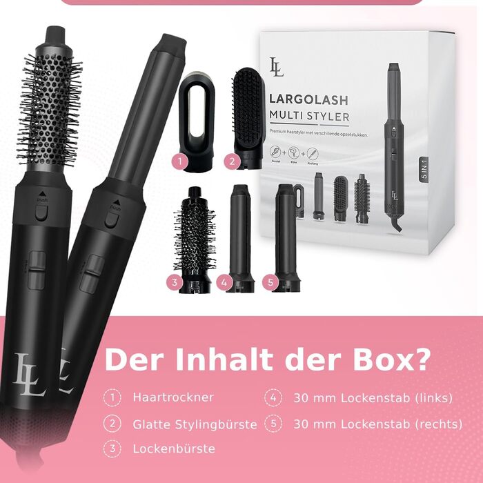 Набір для укладки волосся 5 в 1 Warmluftbürste: фен-щітка, локонова насадка, 3 температурні режими, Auto-Wrap, негативні іони, 1000 Вт, захист від пошкодження волосся (білий/чорний)