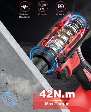 Акумуляторний шуруповерт 21V з набором 2 акумуляторів та 14 аксесуарів, кейс, 42Nm, 18+1 режимів, 10мм патрон, для дому