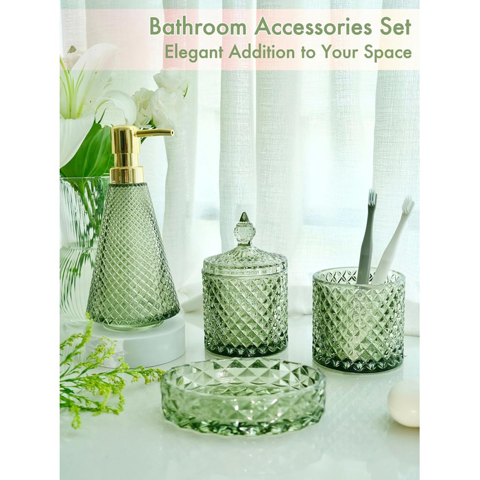 Набір аксесуарів для ванної кімнати, зелений, 4 шт. (скло), набір для ванної кімнати з дозатором мила, мильницею, тримачем для зубних щіток, скляною баночкою для ватних паличок, декор у стилі бохо, сучасний