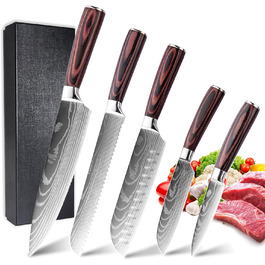 Набір кухонних ножів 5 шт. з нержавіючої сталі, преміум якість, ергономічні дерев'яні ручки, професійний кухонний набір, подарункова коробка