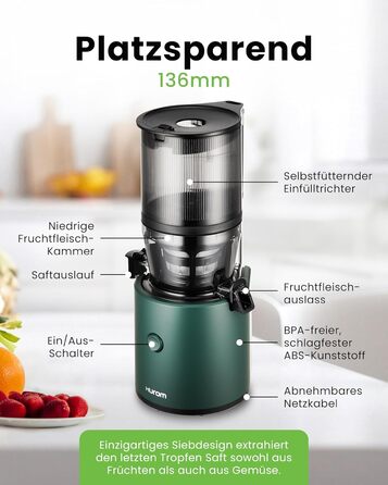 Соковижималка Hurom H320N для овочів та фруктів, електрична холодного віджиму, 200 Вт, тиха, легке очищення, великий контейнер 2 л, BPA Free, темно-зелена