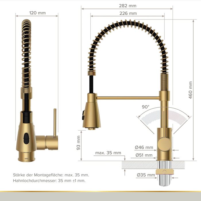 Кухонний змішувач Lenz KALANI² в золотистому кольорі – з регульованою насадкою для миття посуду – проста установка та високоякісне виконання - 46070322 (Для високого тиску, Золото)