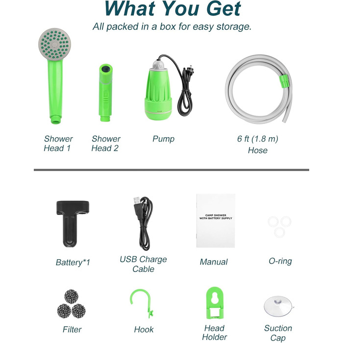 LIBERRWAY Camping Shower with Pump, Camping Shower Set with Rechargeable Battery, 2m Shower Hose Outdoor Shower for Garden Beach Camping Travel Car Washing, Mobile Shower Black (Green with Jet Head)