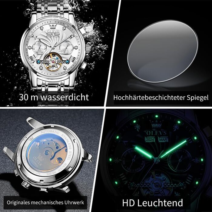 Чоловічий механічний годинник OLEVS з турбійоном та календарем, водонепроникний, зі світлою індикацією (7088, сріблястий)