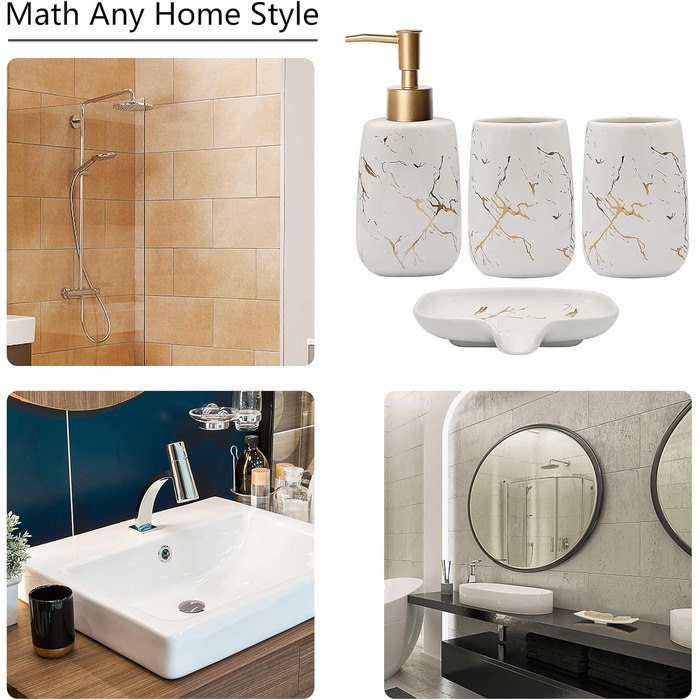 Набір аксесуарів для ванної кімнати з кераміки (4 шт): дозатор мила, тримач для зубних щіток, чашка, мильниця (білий)