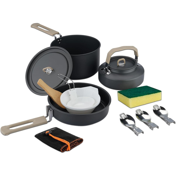 Набір посуду для кемпінгу ISFORU на 2-3 особи, 13 предметів: антипригарні каструлі та сковорідки, посуд для приготування їжі з котелком, пластикові миски та аксесуари. Компактний набір для пікніків, походів та кемпінгу.