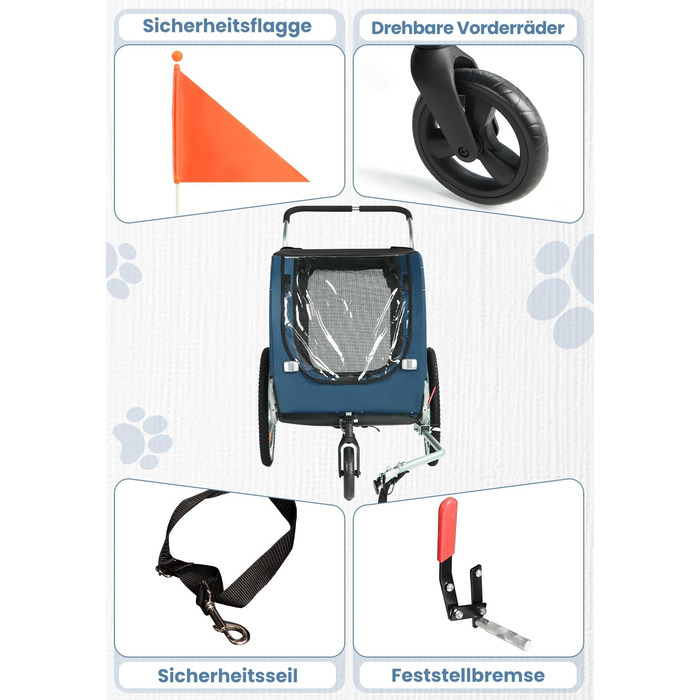 SEPNINE® Причіп для собак XL 2-в-1: велосипедний та візок для собак з відбивачами та гальмом, 600D Oxford Canvas, вантажопідйомність до 40 кг - Оранжевий (Синій)