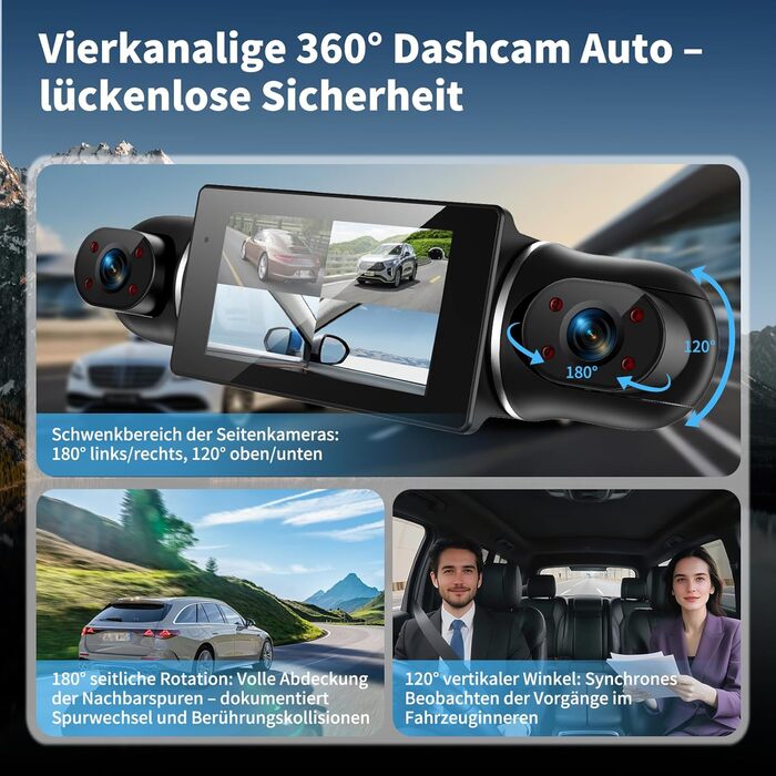 Відеореєстратор в авто Dash Cam 2K/1080p з 64GB SD-картою, 4 камери, IPS-дисплей 3