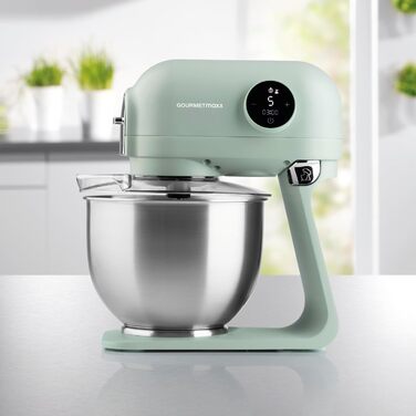 Gourmetmaxx Kitchen Machine & Mixer | Planetary Kitchen Assistant with Digital Display incl. Mixing Bowl and Attachments | Powerful Mixer with Whisk and More | Electric Stand Mixer Green