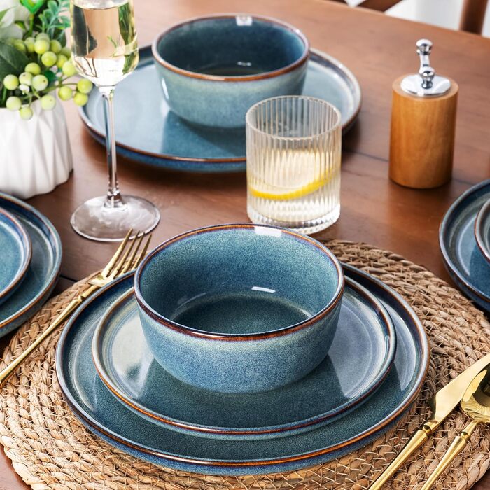 Набір посуду AmorArc Ceylon Blue для 8 осіб (24 елементи): тарілки та миски, кераміка, реактивна глазур