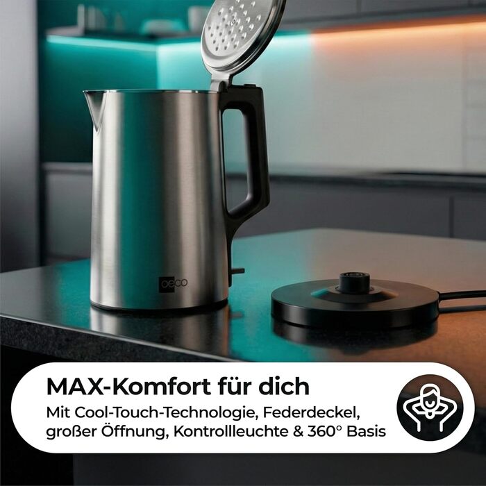 Електричний чайник Aeco AQA NEO з нержавіючої сталі, 1.7 л, 2150 Вт, без BPA, фільтр від накипу, бездротовий, CoolTouch, шампань сріблястий