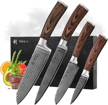 Набір кухонних ножів Wakoli EDIB Damast: 4 ножі з дамаської сталі (67 шарів) з VG10 серцем та дерев'яною ручкою. Включає: Сантоку, Офісний ніж, Ніж для м'яса. У подарунковій коробці.