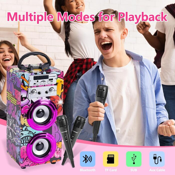 Караоке DYNASONIC з 2 мікрофонами, портативна караоке-машина, Bluetooth-колонки, USB та SD-картрідер, світлові ефекти, подарунок для дітей 5-13 років (025-12 Licht)