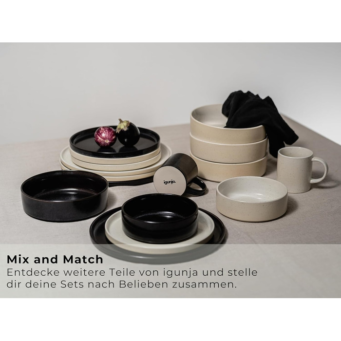 Igunja Stoneware Dinnerware Set - 12 Piece Set for 4 People | Reactive Glaze | Matte Black Dinner Set (Handmade, Premium Quality)