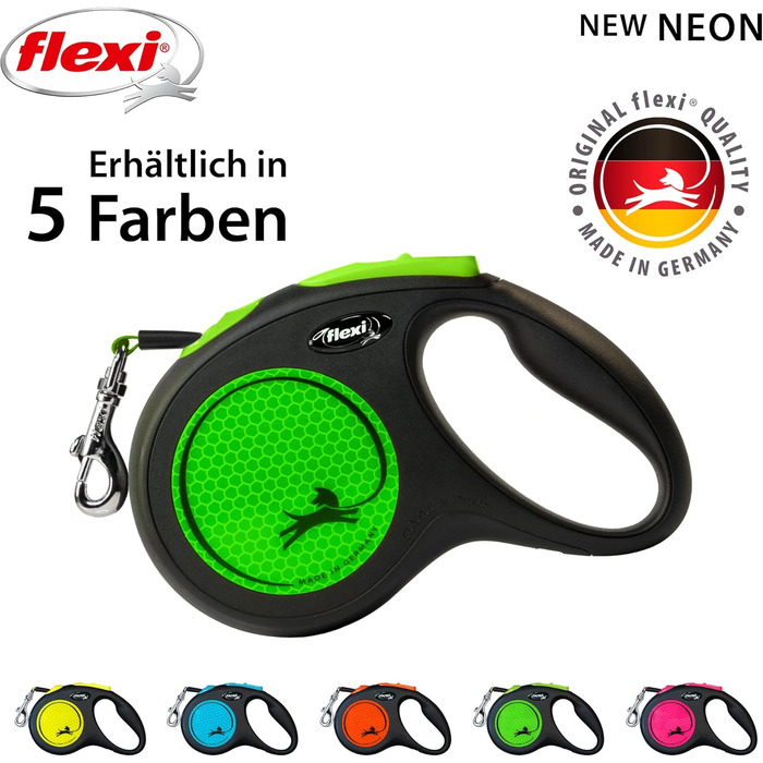 Flexi Neon M: поводок для собак до 25 кг, чорний з неоново-зеленим, світловідбиваючі смуги