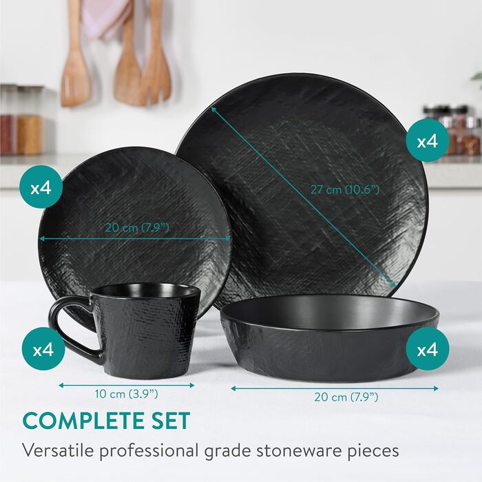 Набір посуду Navaris з каменю (16 предметів) для 4 осіб - тарілки, супові тарілки, чашки, антрацитовий колір